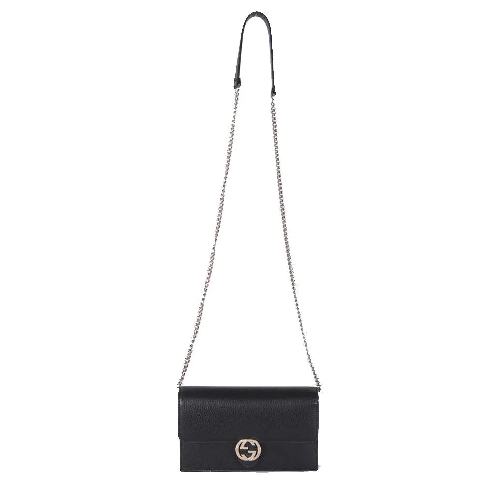 Gucci Interlockingg Leather Wallet On Chain Nero