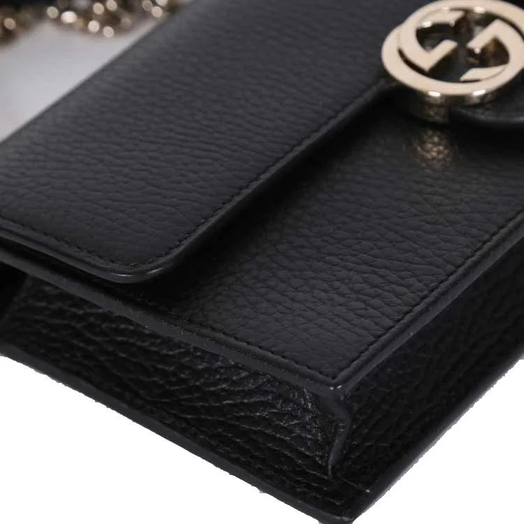 Gucci Interlockingg Leather Wallet On Chain Nero