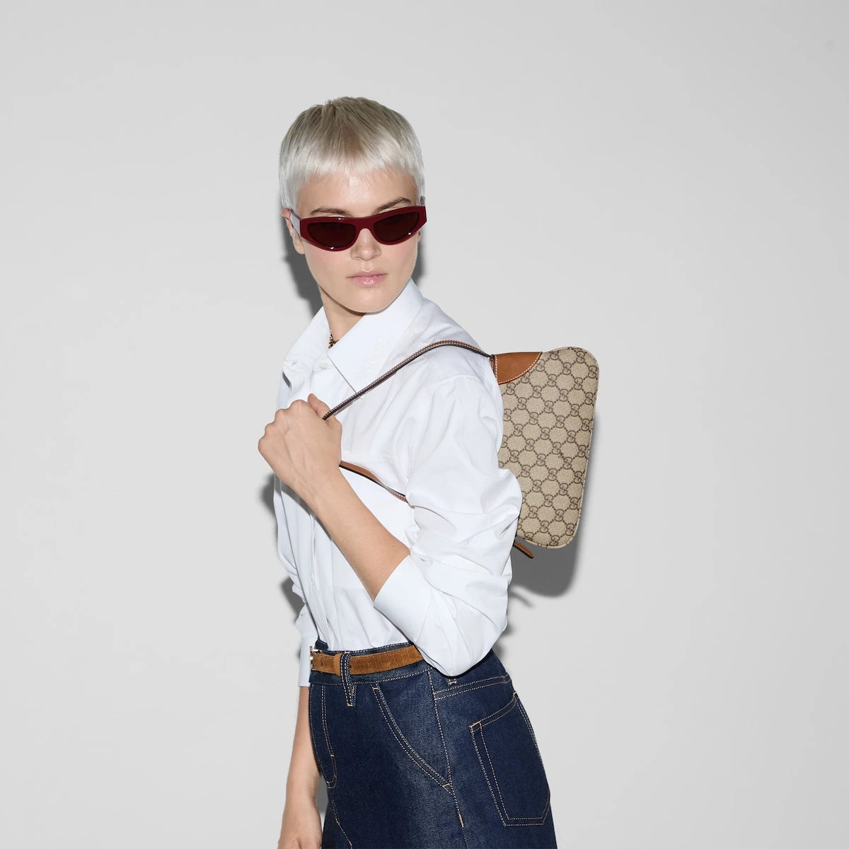 Gucci GG Emblem Small Shoulder Bag Beige Ebony GG Canvas