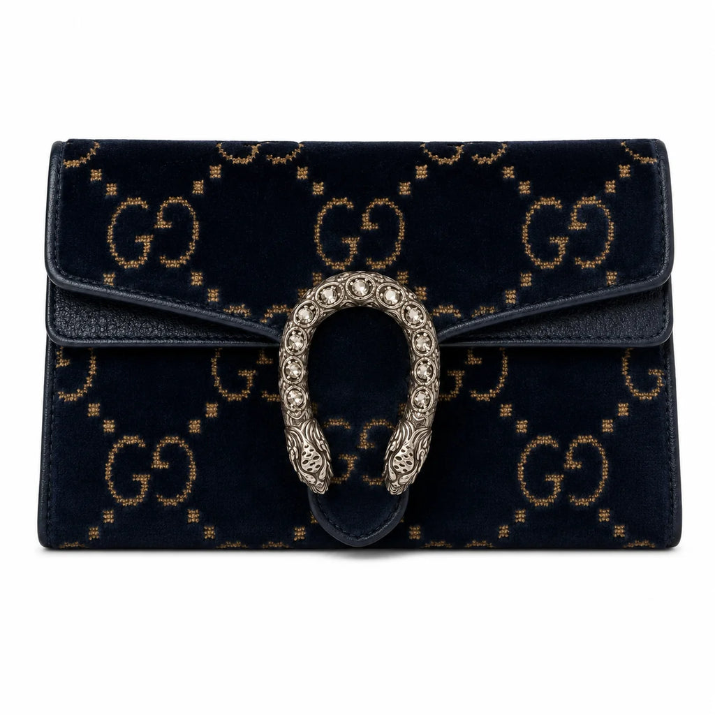 Gucci Velvet Crystal Monogram Chain Bag Blue