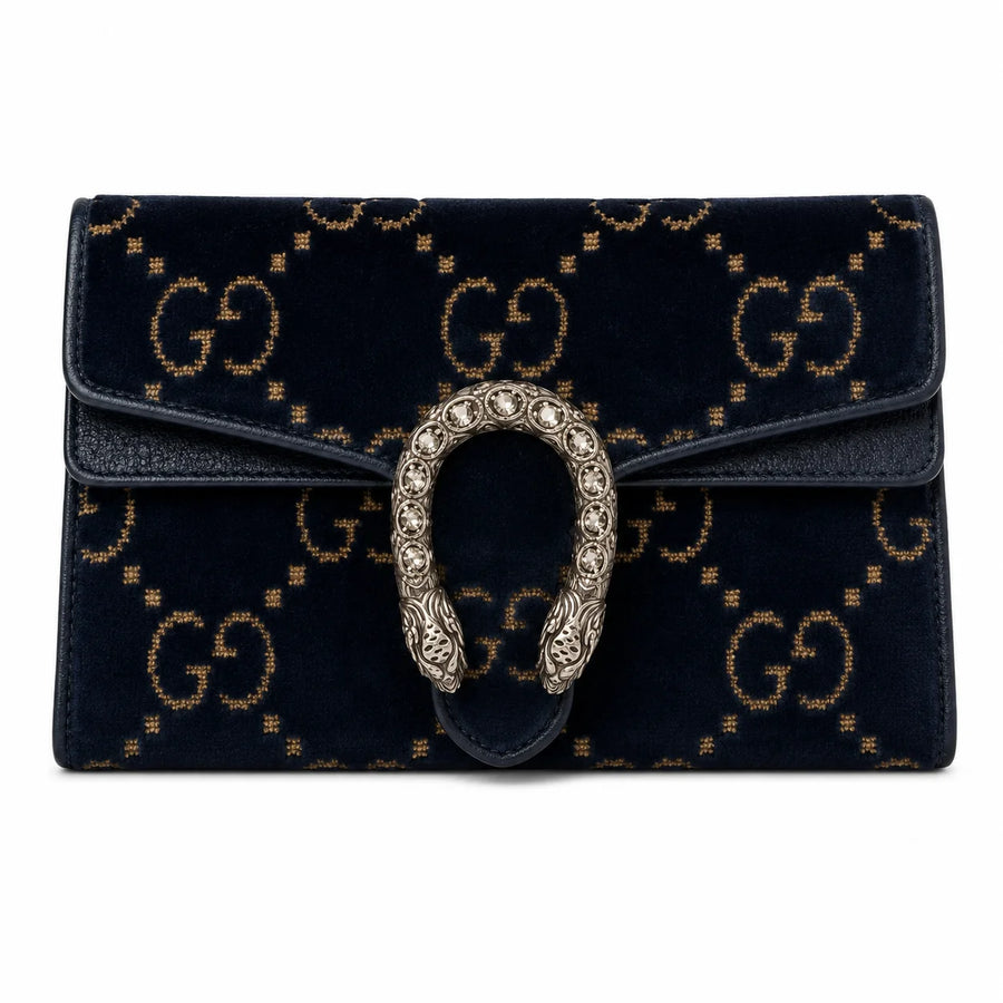 Gucci Velvet Crystal Monogram Chain Bag Blue