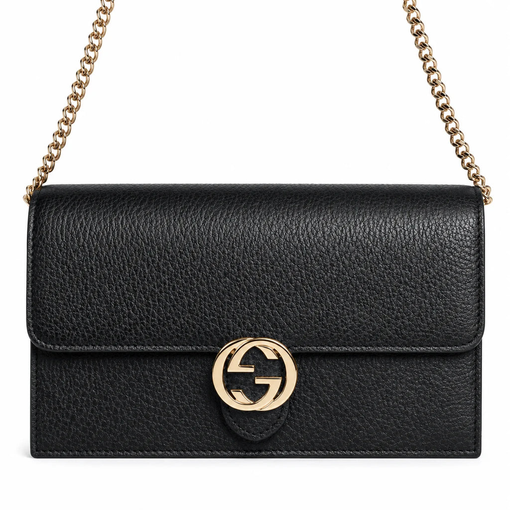 Gucci Interlockingg Leather Wallet On Chain Nero