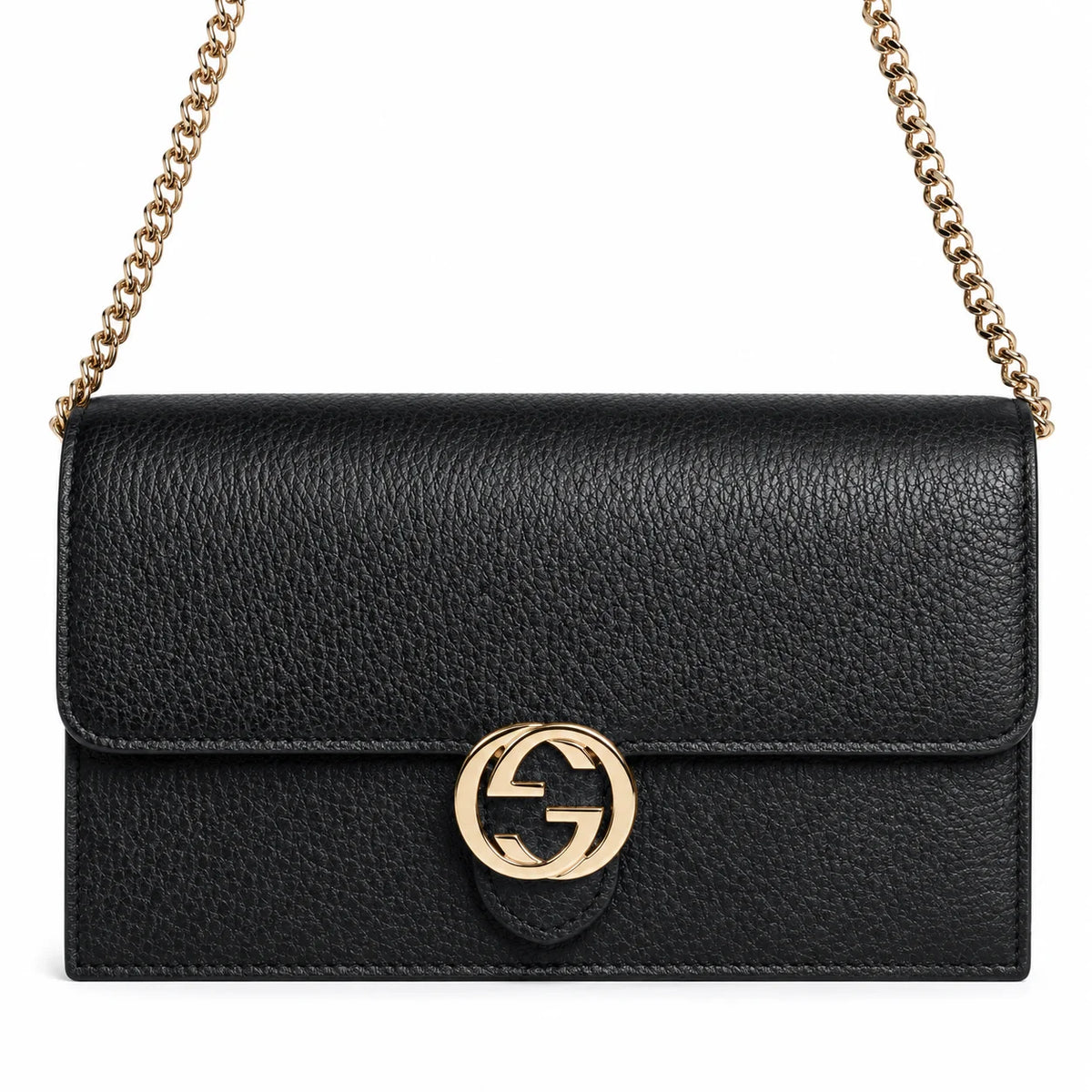 Gucci Interlockingg Leather Wallet On Chain Nero