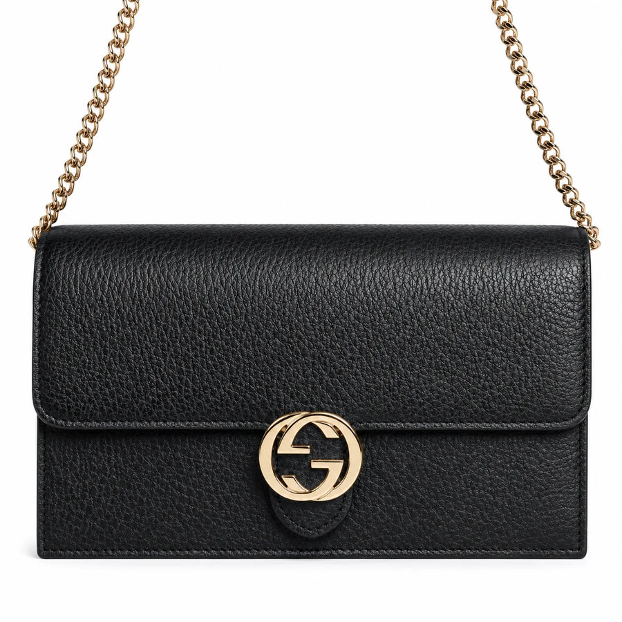 Gucci Interlockingg Leather Wallet On Chain Nero