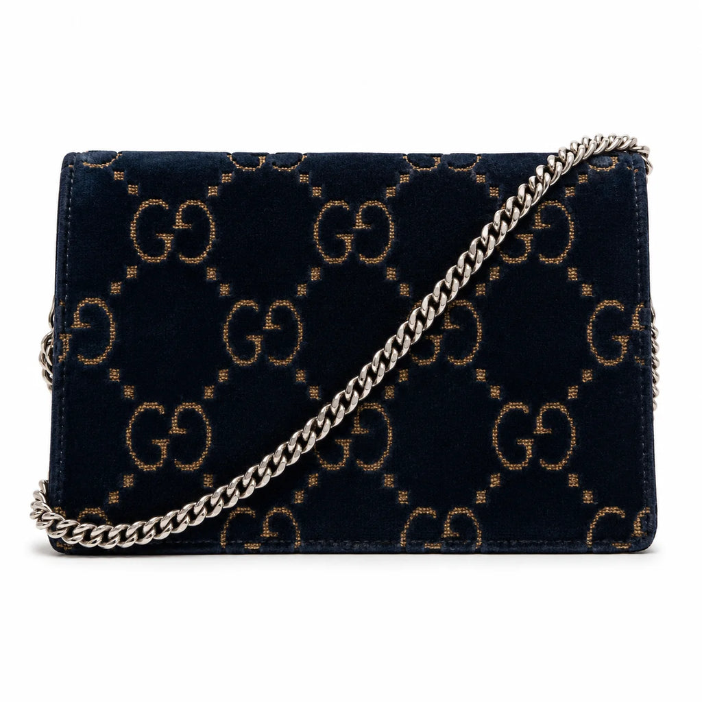 Gucci Velvet Crystal Monogram Chain Bag Blue