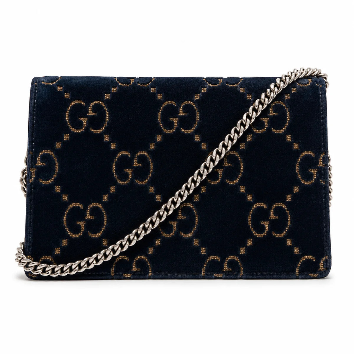 Gucci Velvet Crystal Monogram Chain Bag Blue