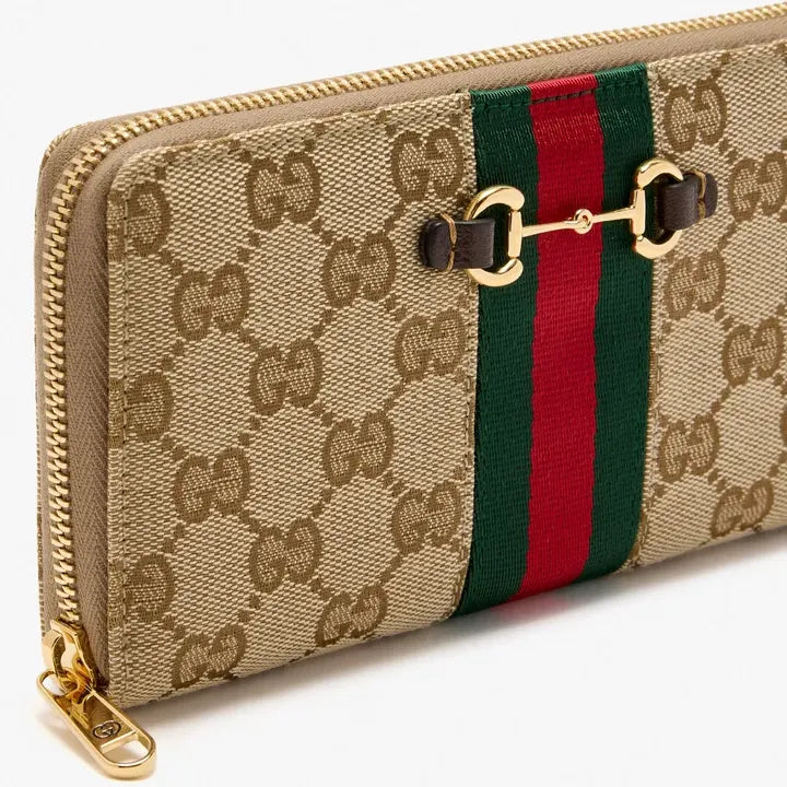 Gucci Horsebit Web Zip Around Wallet Beige/Ebony GG Canvas
