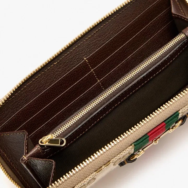 Gucci Horsebit Web Zip Around Wallet Beige/Ebony GG Canvas
