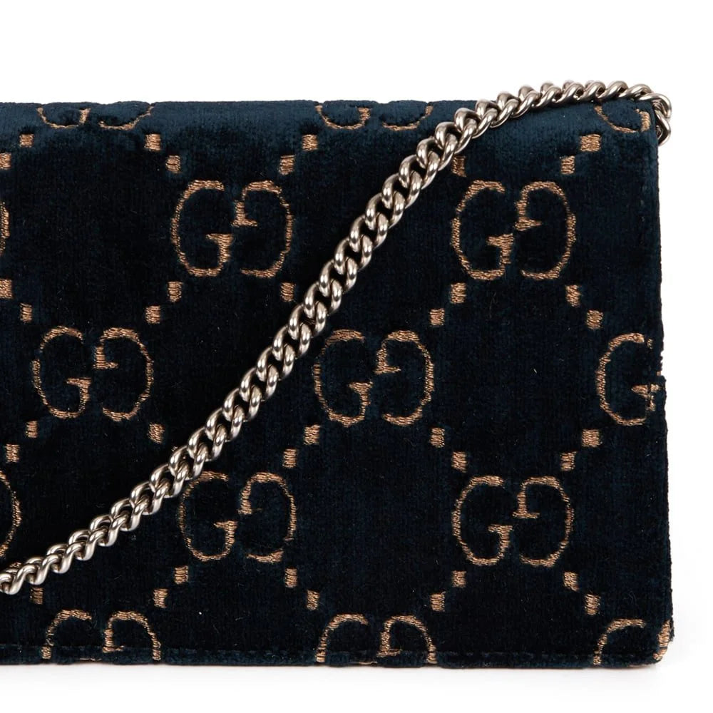 Gucci Velvet Crystal Monogram Chain Bag Blue