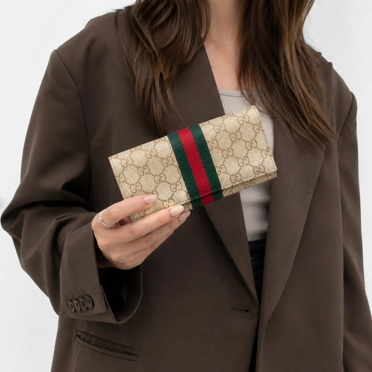 Gucci Web Continental Wallet Beige