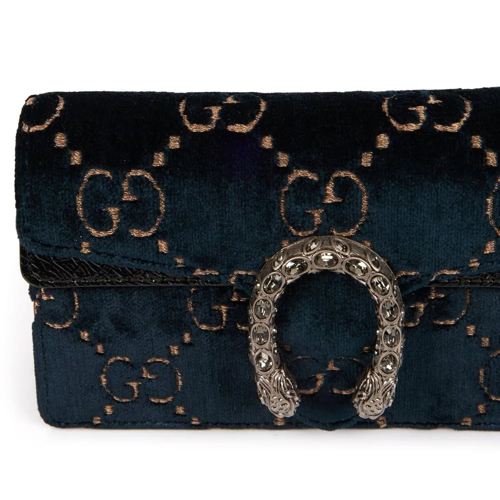 Gucci Velvet Crystal Monogram Chain Bag Blue