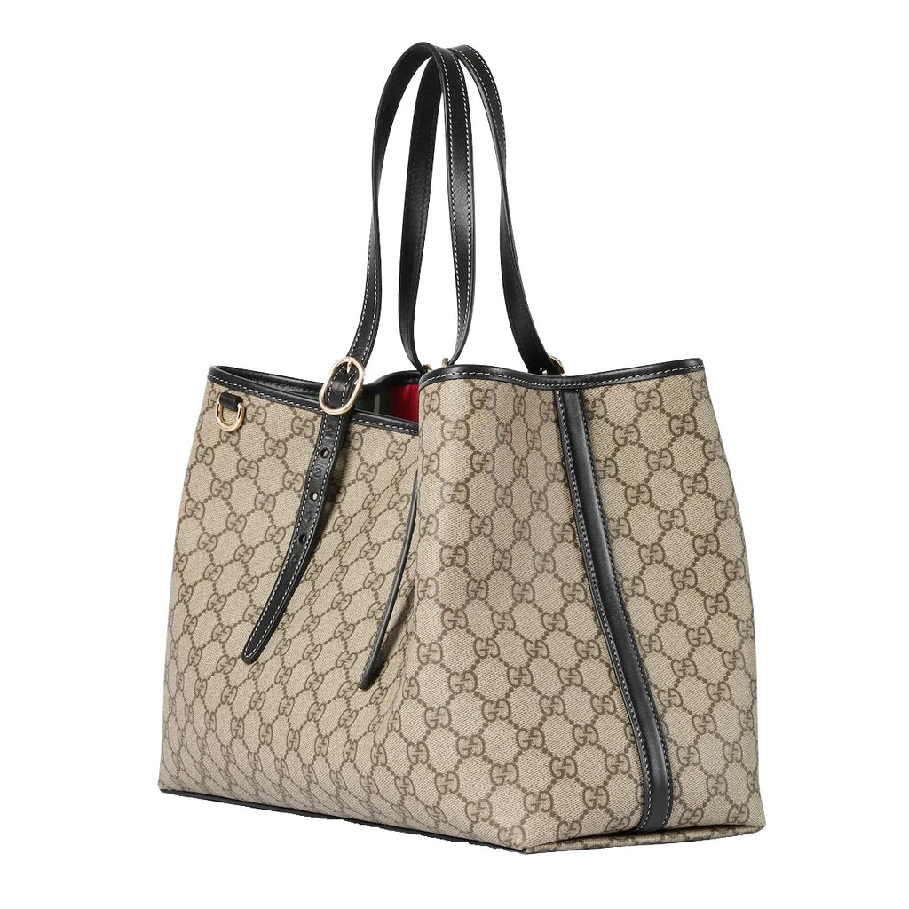 Gucci GG Supreme Monogram Emblem Medium Tote Bag Beige Black
