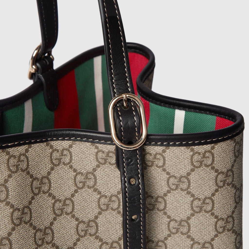 Gucci GG Supreme Monogram Emblem Medium Tote Bag Beige Black