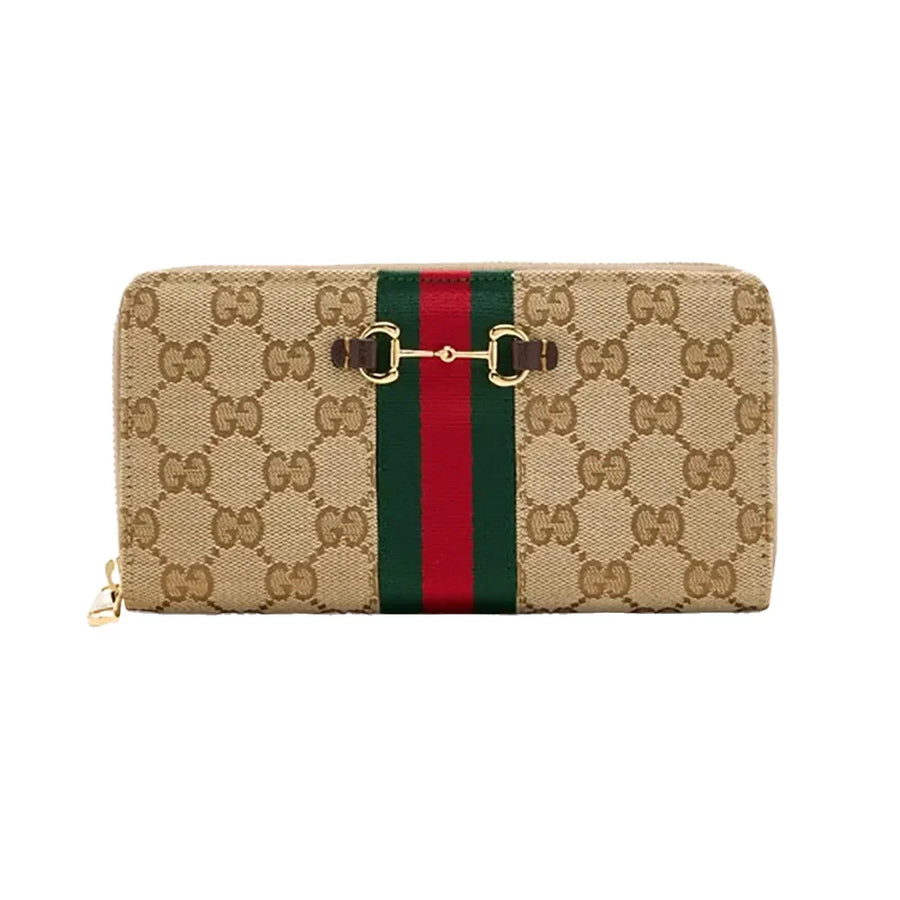 Gucci Horsebit Web Zip Around Wallet Beige/Ebony GG Canvas