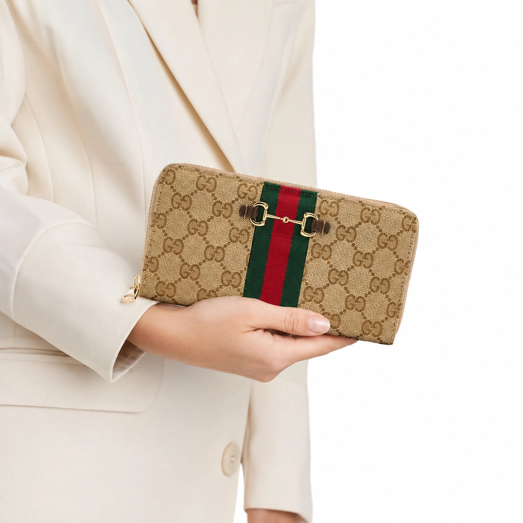 Gucci Horsebit Web Zip Around Wallet Beige/Ebony GG Canvas