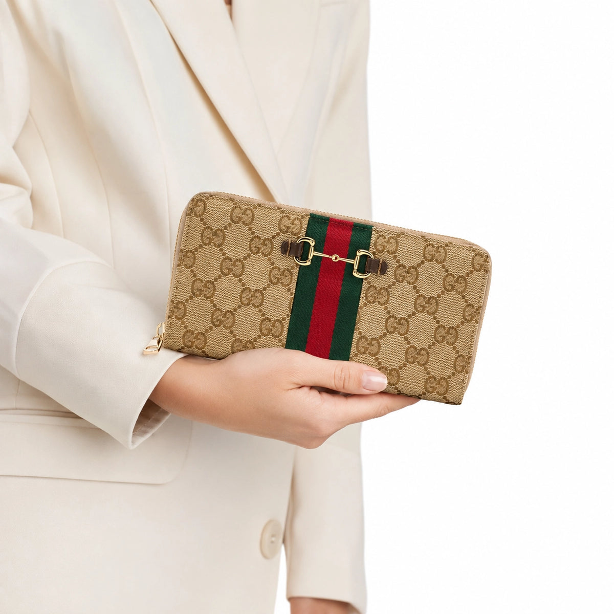 Gucci Horsebit Web Zip Around Wallet Beige/Ebony GG Canvas