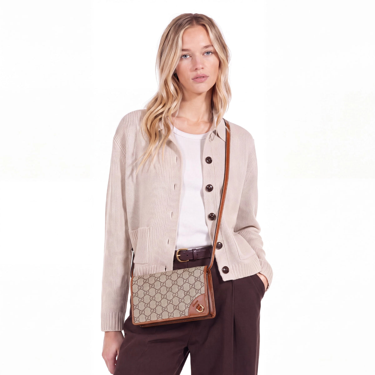 Gucci GG Emblem Wallet With Leather Strap Beige