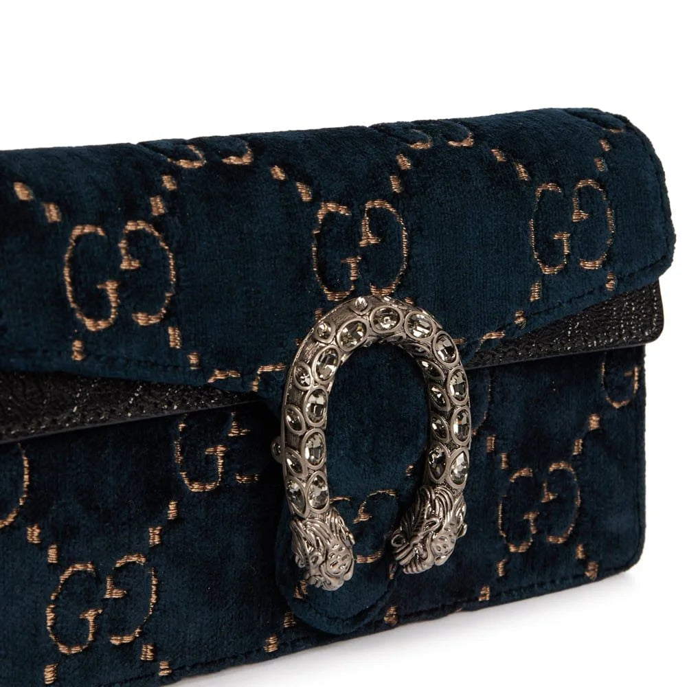 Gucci Velvet Crystal Monogram Chain Bag Blue