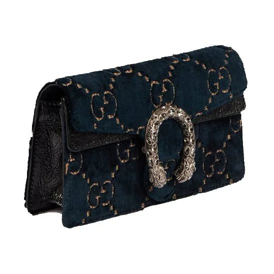 Gucci Velvet Crystal Monogram Chain Bag Blue